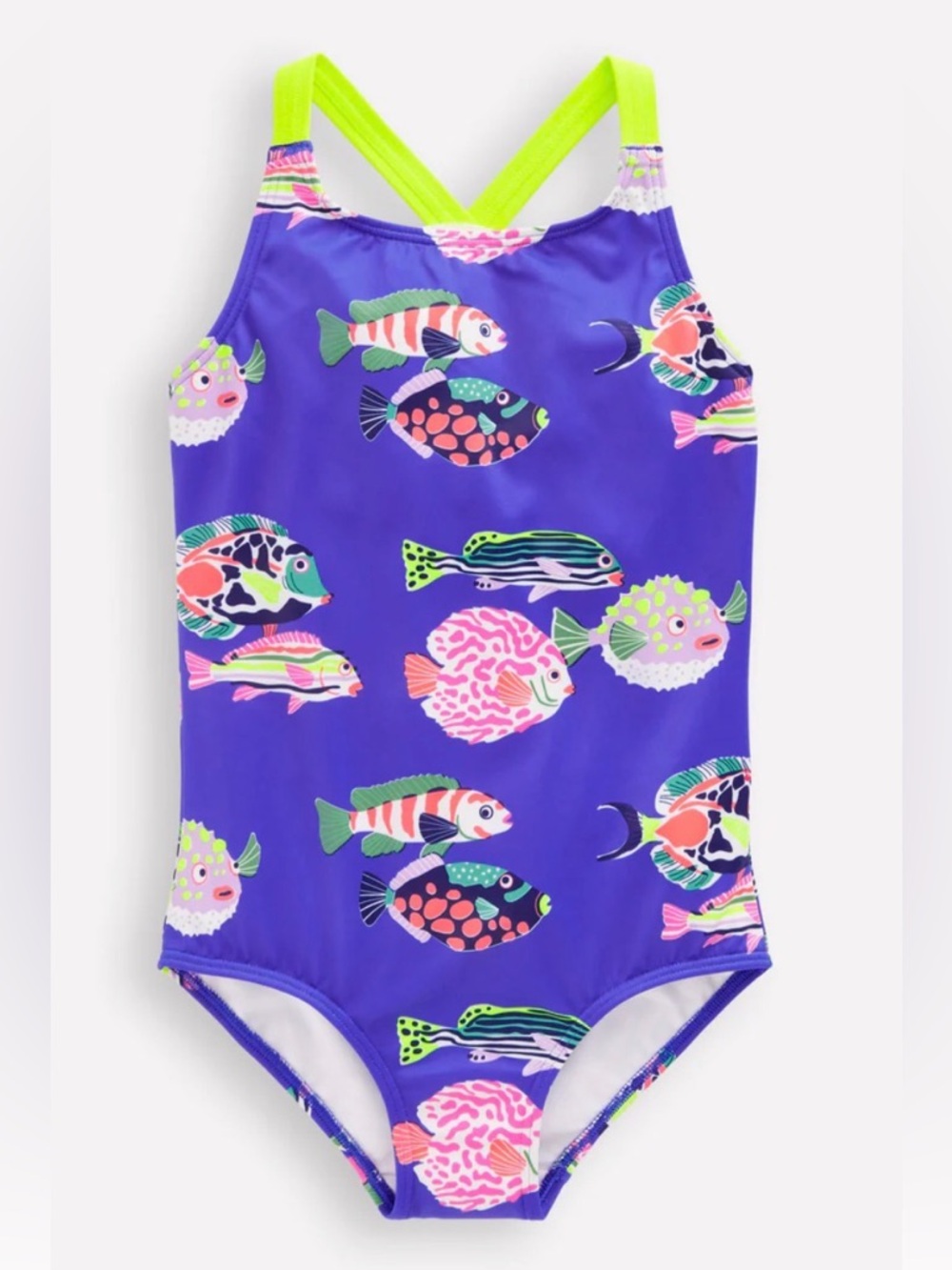 NWT 3-4 T Mini Boden Purple Fish-Print One-Piece Swimsuit w/ Neon Yellow Straps